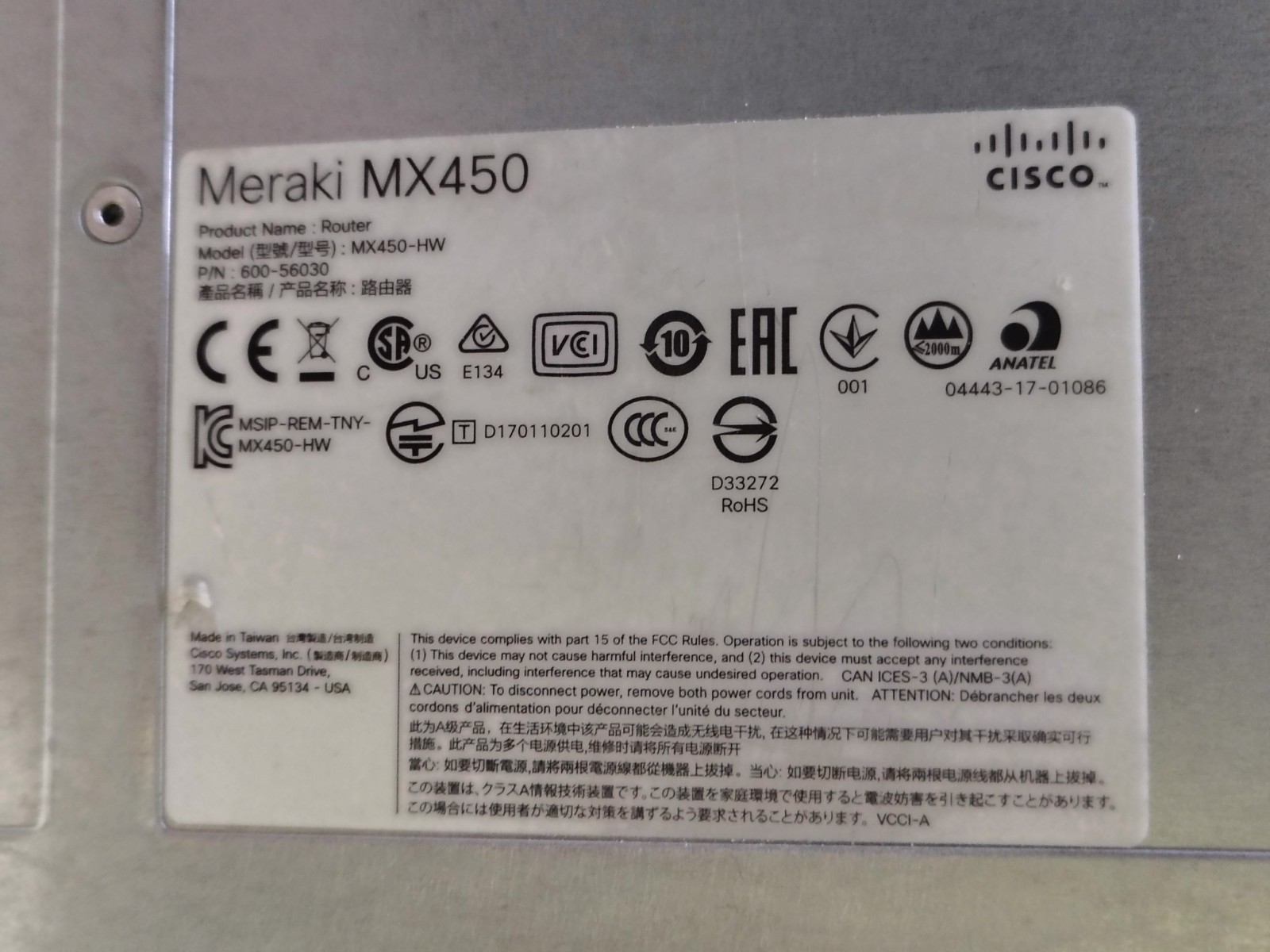 Cisco Meraki MX450-HW Cloud Managed Security Appliance Unclaimed