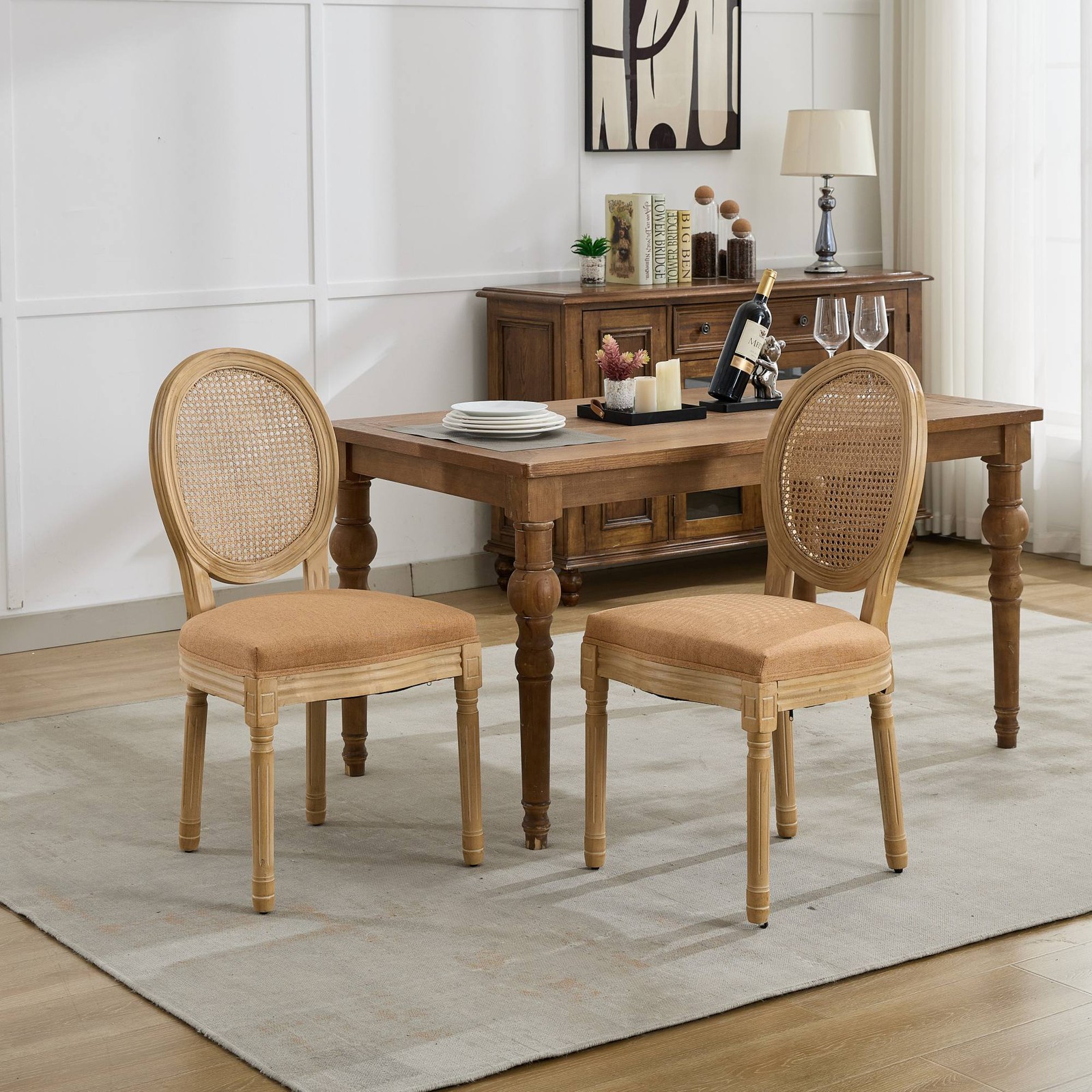 French Style Solid Wood Antique Linen Fabric Rattan Back Dining Chair, Set of 2