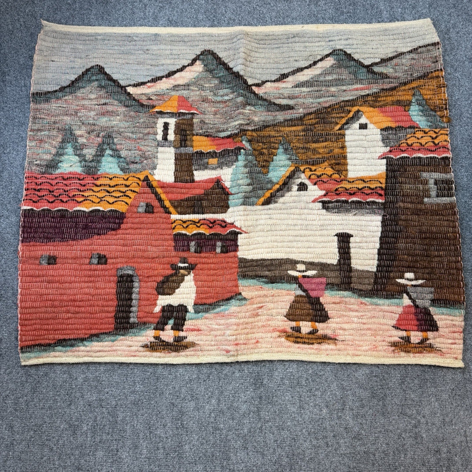 Handmade Peruvian Arpillera Wool Folk Art Textile Wall Hanging 35x30 in