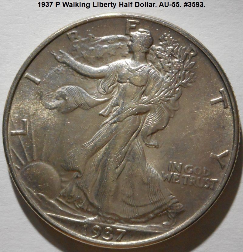 1937 P Liberty Walking Half Dollar.  90% Silver.  Circulated.  #3593