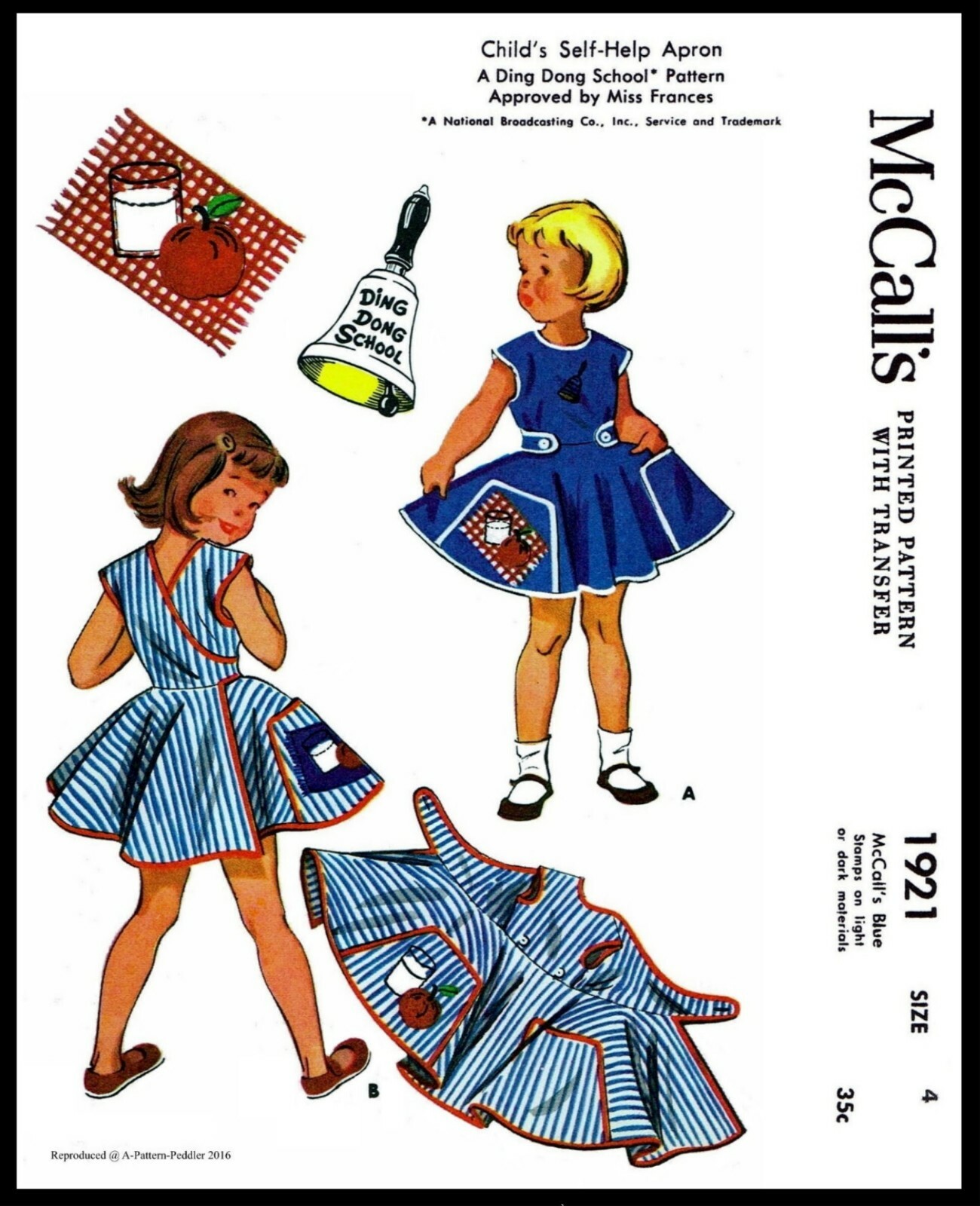 APRON Pattern Toddler Girls McCall's 1921 DRESS DING DONG SCHOOL ~2-4-6~