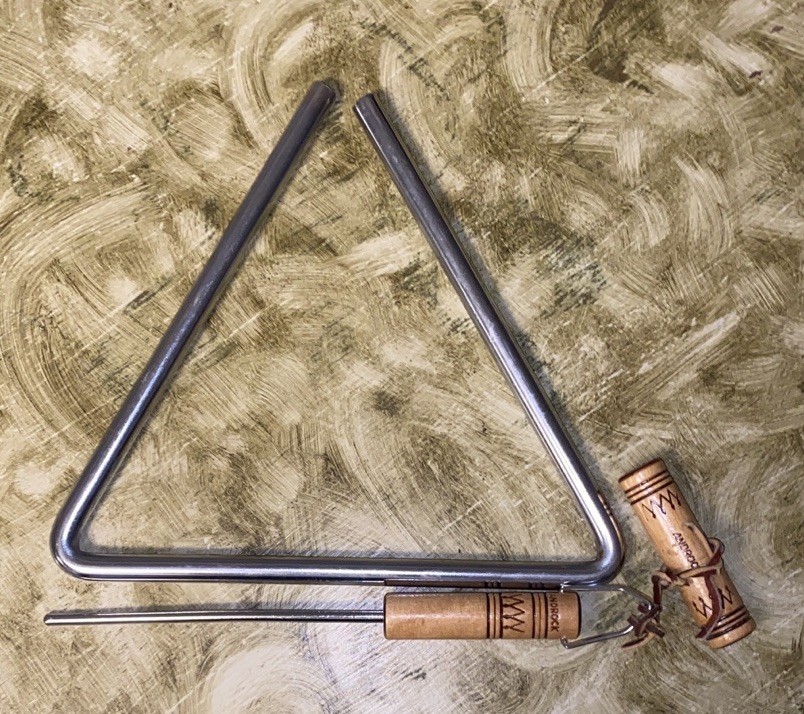 Vintage ANDROCK Silver Triangle Instrument with Wooden Handle Metal Beater