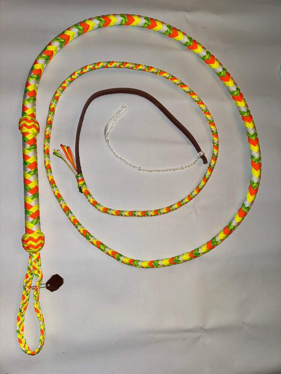 Bull Whip - Yellow & Orange & Green & White Mix Paracord Nylon on Leather 16 Ply