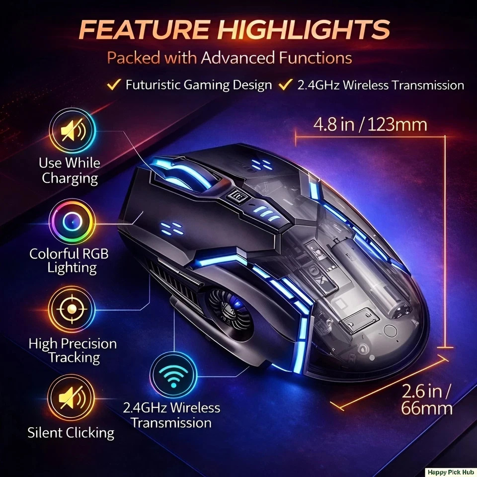 Wireless Gaming Mouse Silent RGB Rechargeable LED Optical USB Mouse