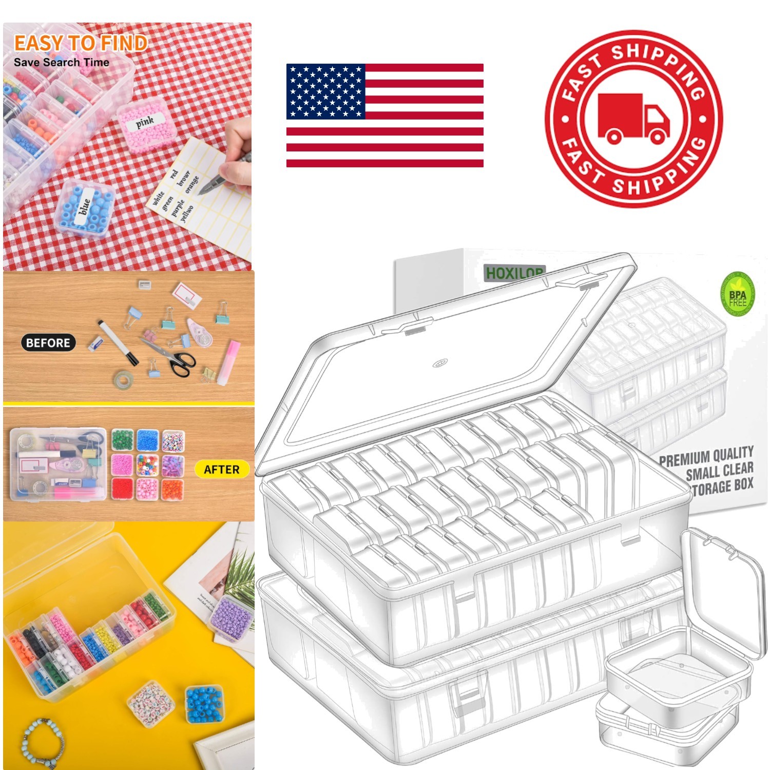 Transparent Craft Storage Organizer with 60 Small Containers and Label Stickers