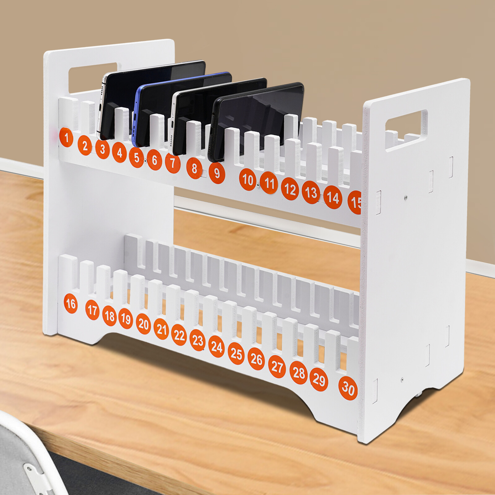 30-Grid Wooden Cell Phone Holder Desktop Organizer Storage Box for Classroom Off