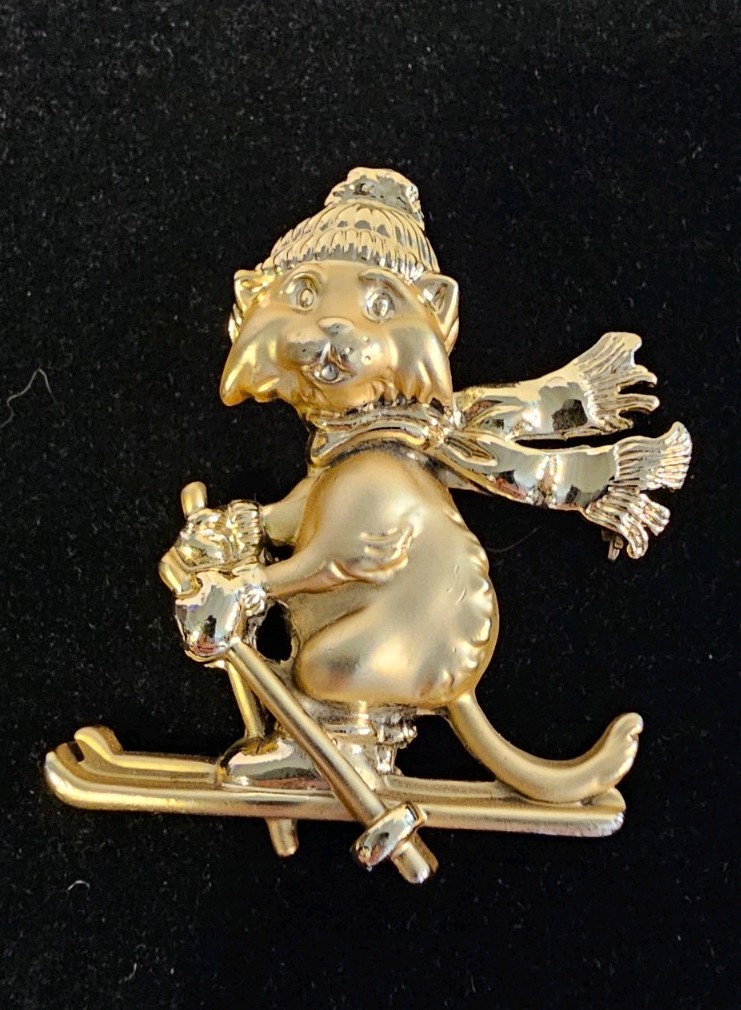Skier Cat Goldtone Brooch Pin