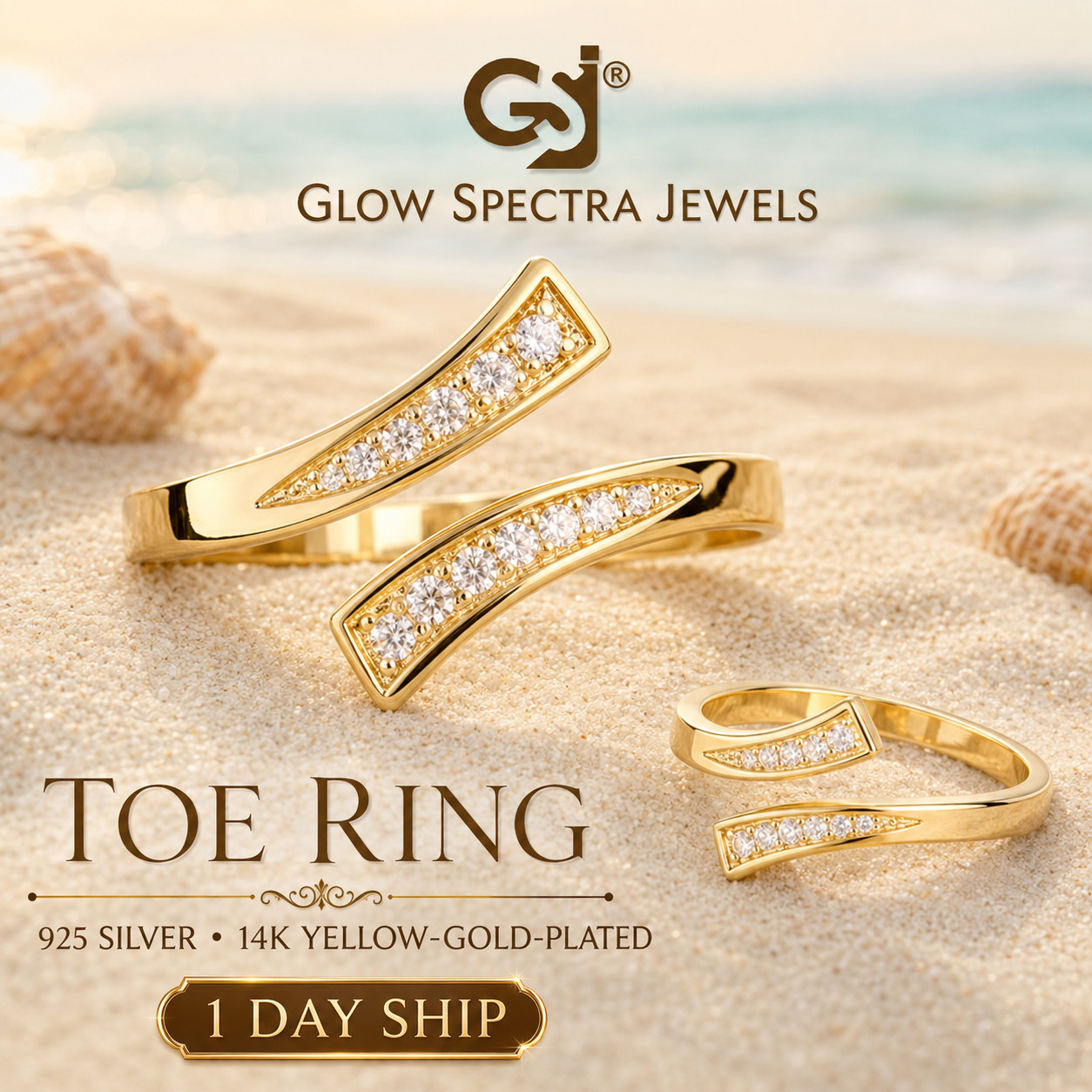 0.12Ct Round Simulated  Diamond Women Adjustable Toe Ring 14K Yellow Gold Plated