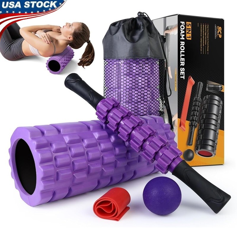 5 in 1 Muscle Massage Set Foam Roller Yoga Stick Massage Ball Resistance Band US