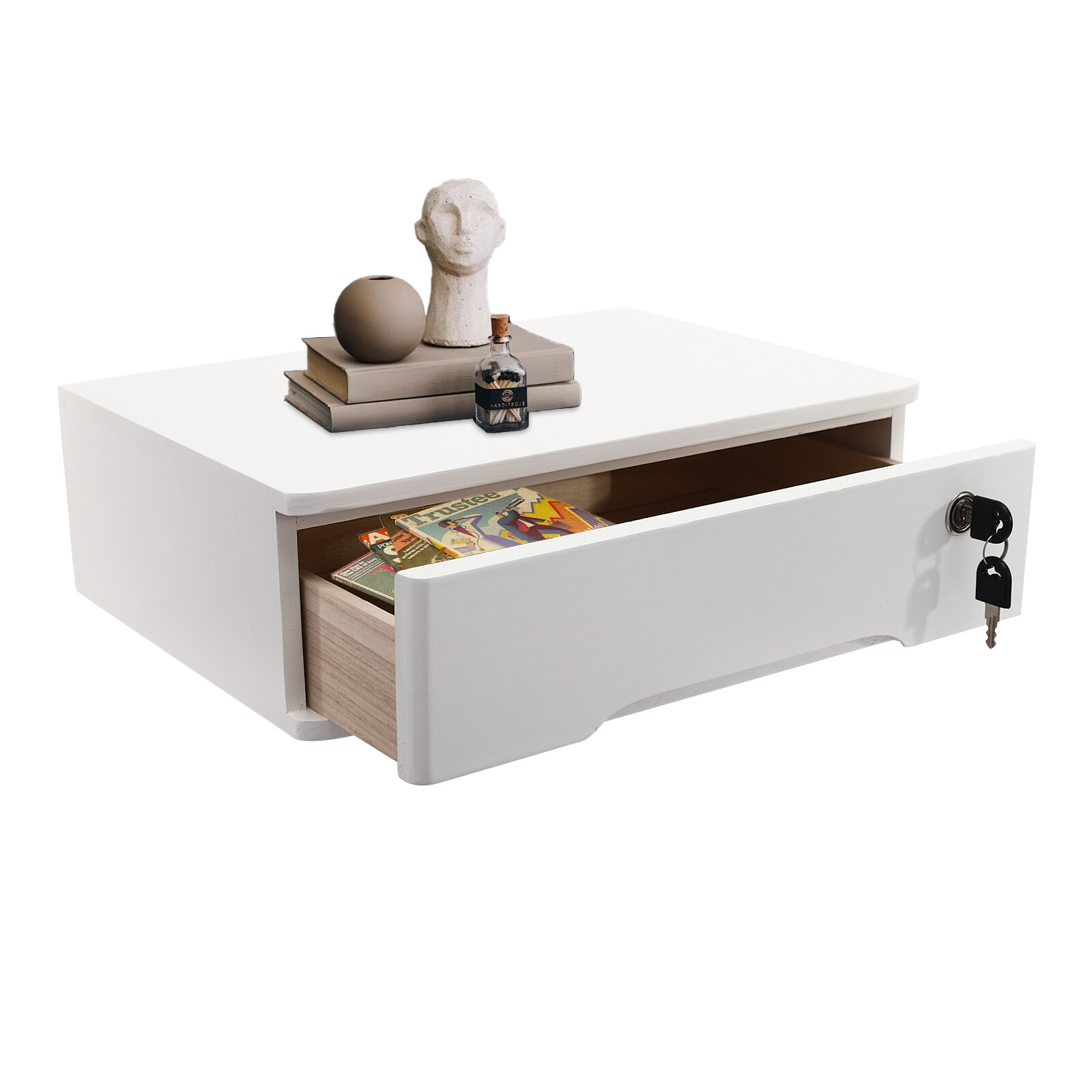 Wooden Desktop Storage Box 1 Drawer Lockable White Tabletop Organizer