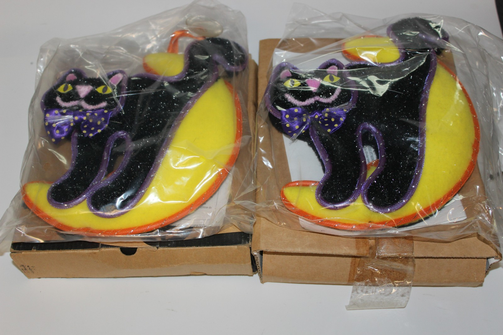 Lot of 2 AVON Halloween 9" BLACK CAT Glowing Fiber Optic Lights Window Hanging