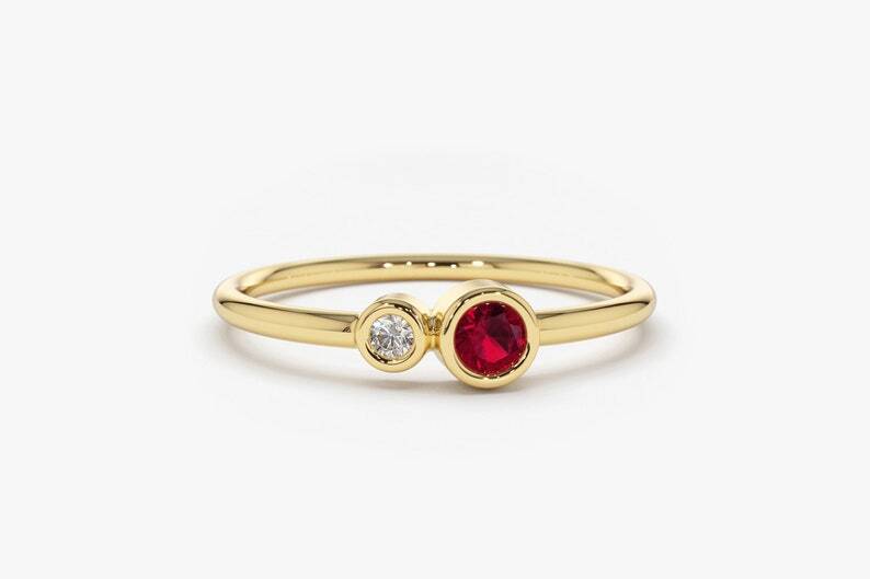 0.18 Ct Ruby & Lab Grown CVD Diamond Bezel Ring 10K Solid Yellow Gold