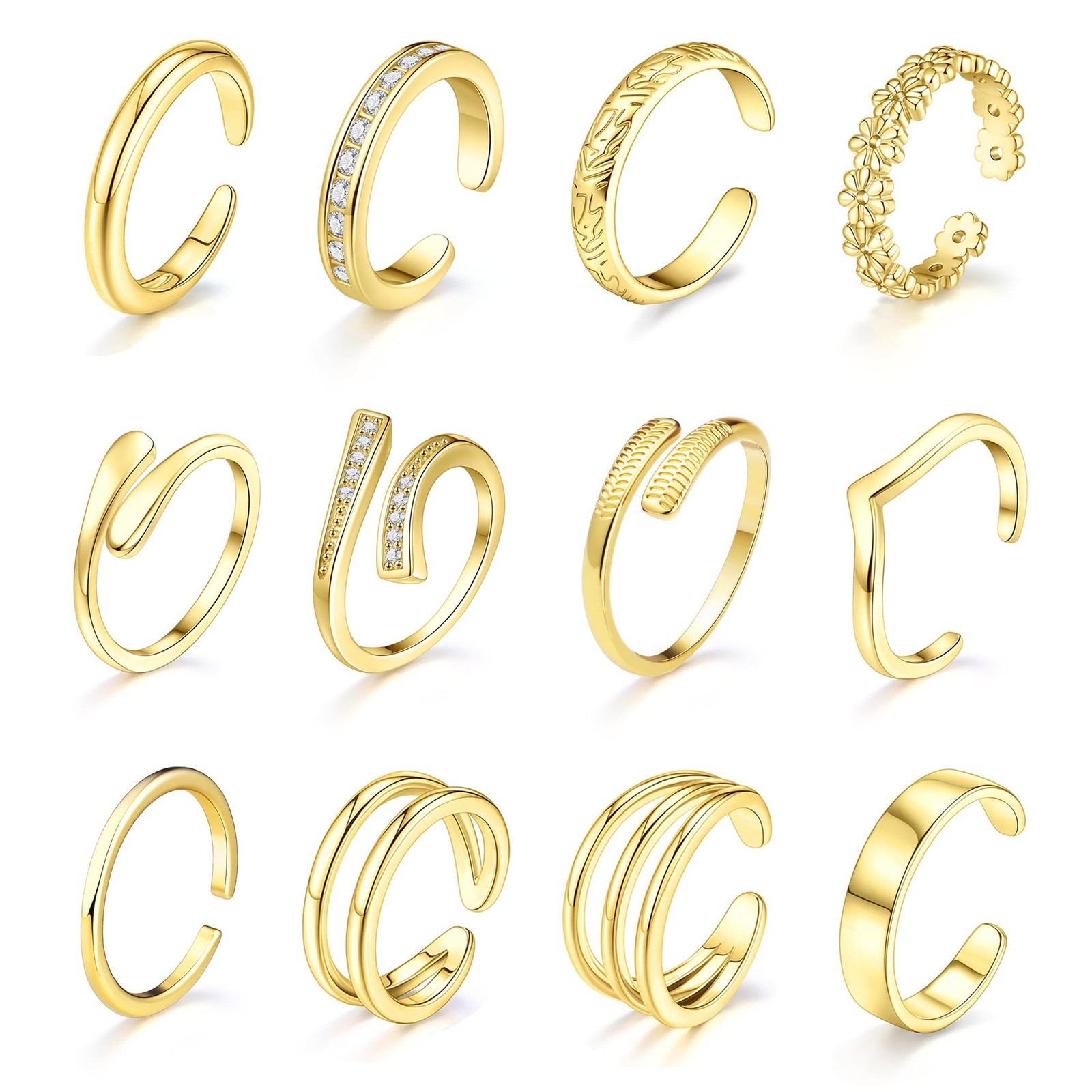 12Pcs 14K Gold Filled Toe Rings for Women Non Tarnish Adjustable Flower Cz Op...