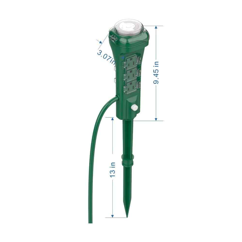 DEFIANT Outdoor Yard Stake Power Strip Controller with Mechanical Timer, Green