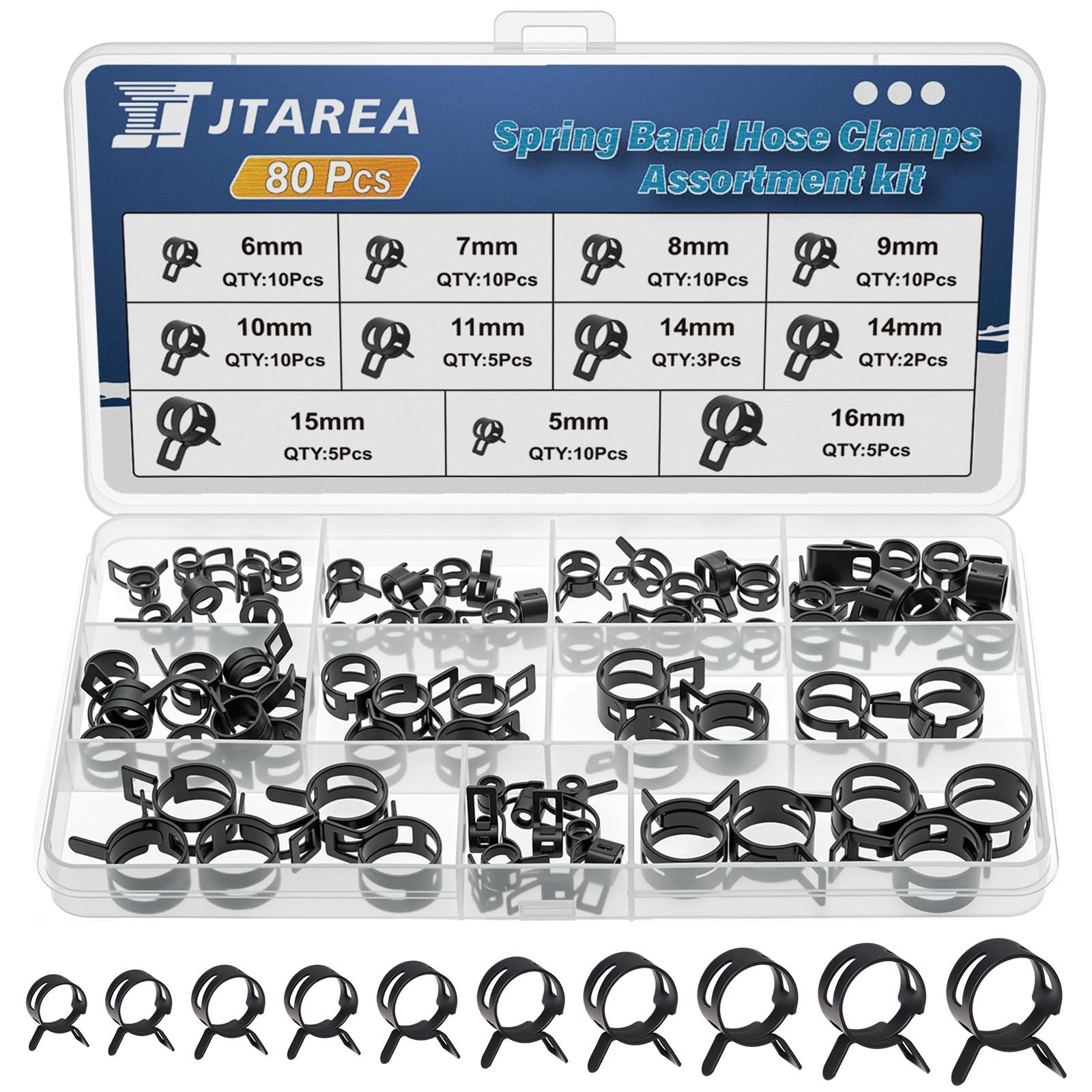 JTAREA Spring Band Hose Clamps 10 Sizes 80 Pcs Clamp, Black