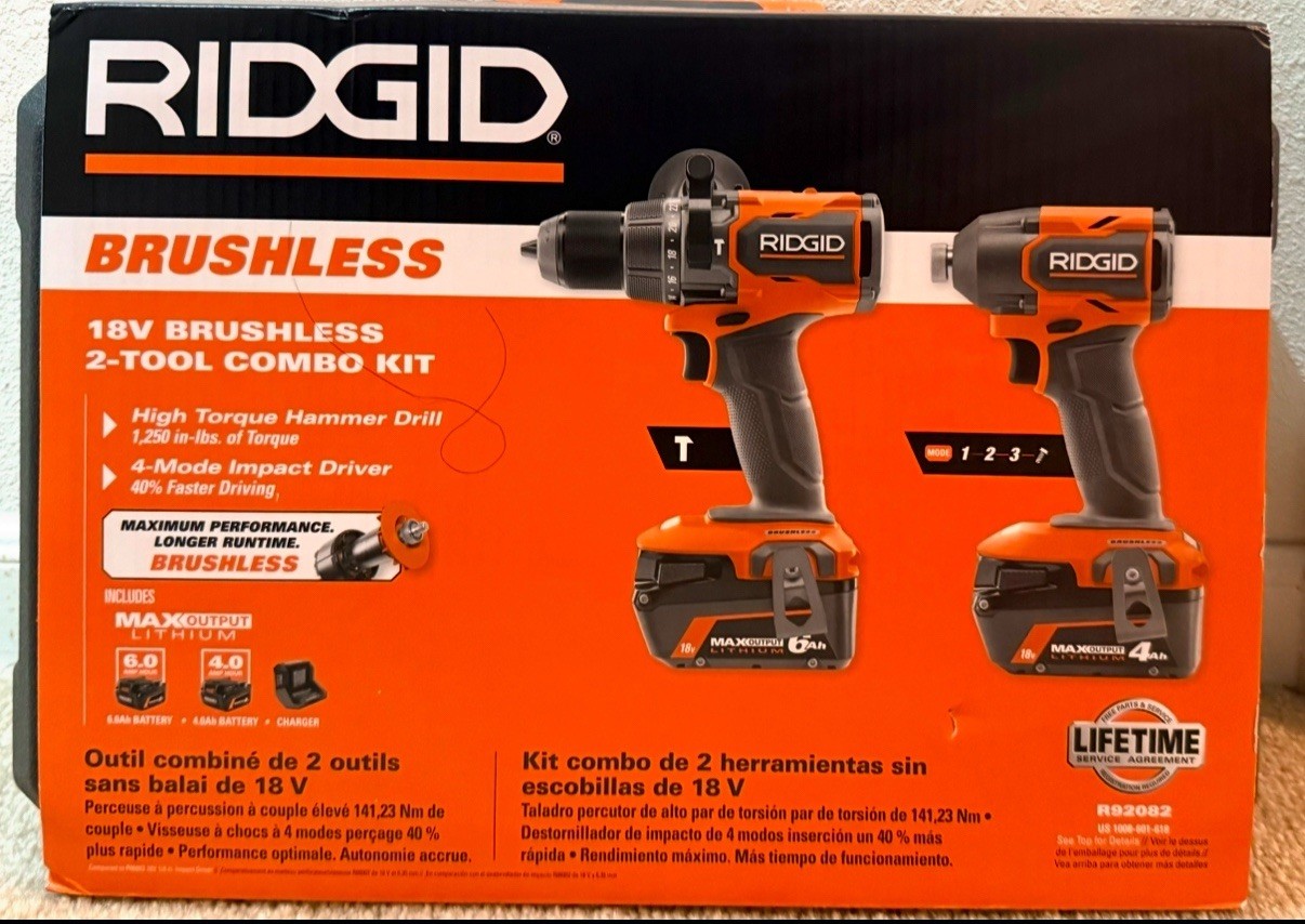 ⭐️NEW⭐️ RIDGID 18V Brushless 2-Tool 6.0 ah 4.0 ah Kit R92082 with Hard Case