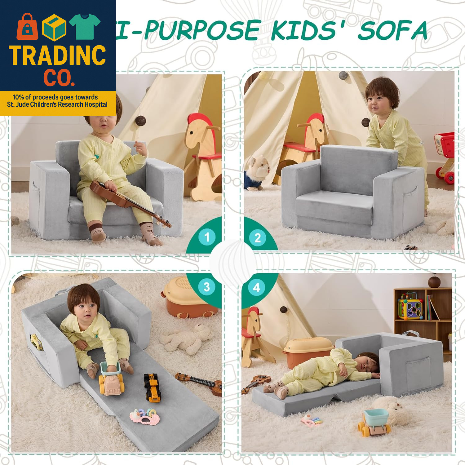 Kids Couch, 2-In-1 Toddler Chair Comfy 1-3 Years Old, Convertible Kids Chair, To