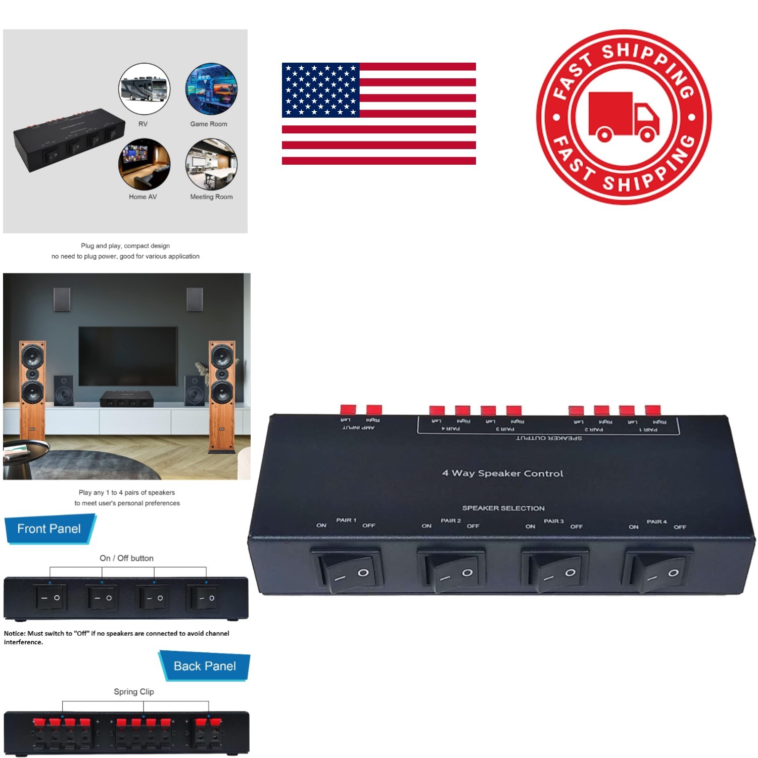 200 Watt Speaker Selector for 4 Pairs of Passive Speakers with Spring Clips