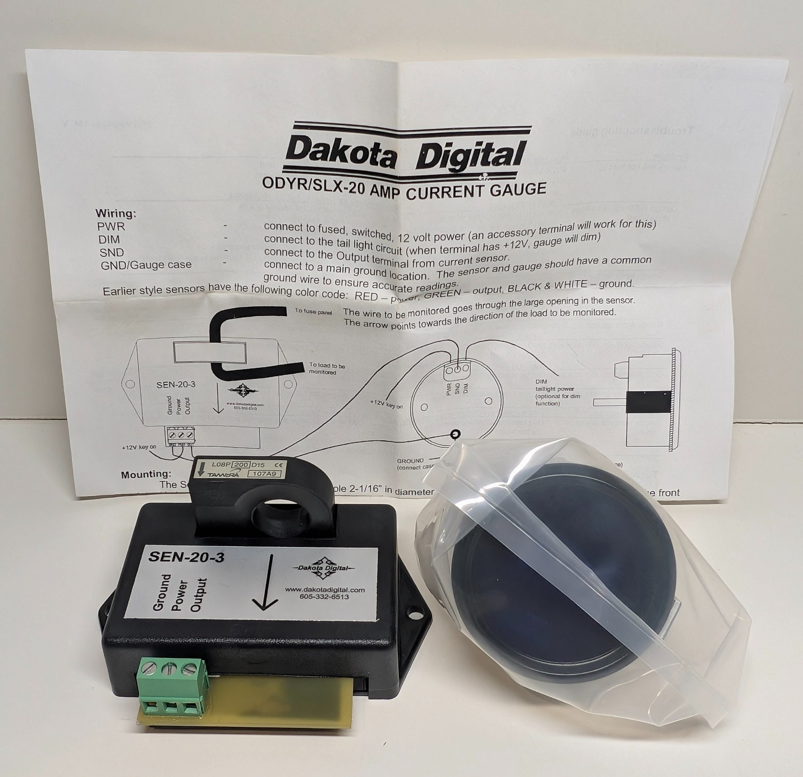 Dakota Digital ODYR/SLX-20 Amp Current Gauge and SEN-20-3 Sending Unit