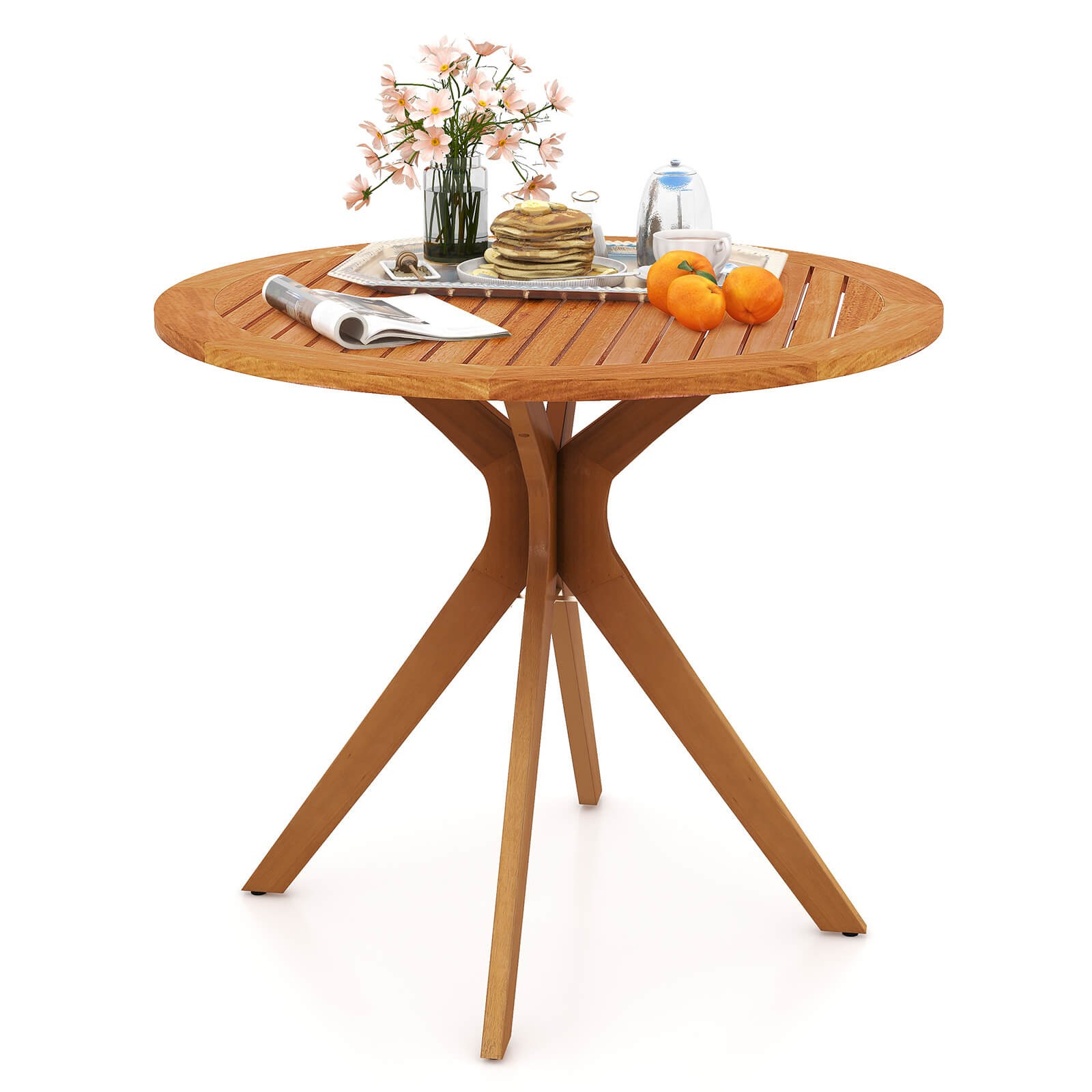 35.5 Inch Patio Wood Dining Table w/ Slatted Tabletop & Curved Legs for Backyard