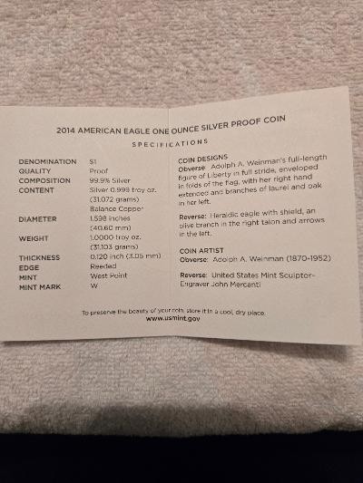2014 American Eagle One Ounce Silver Proof Coin w/OGP & COA