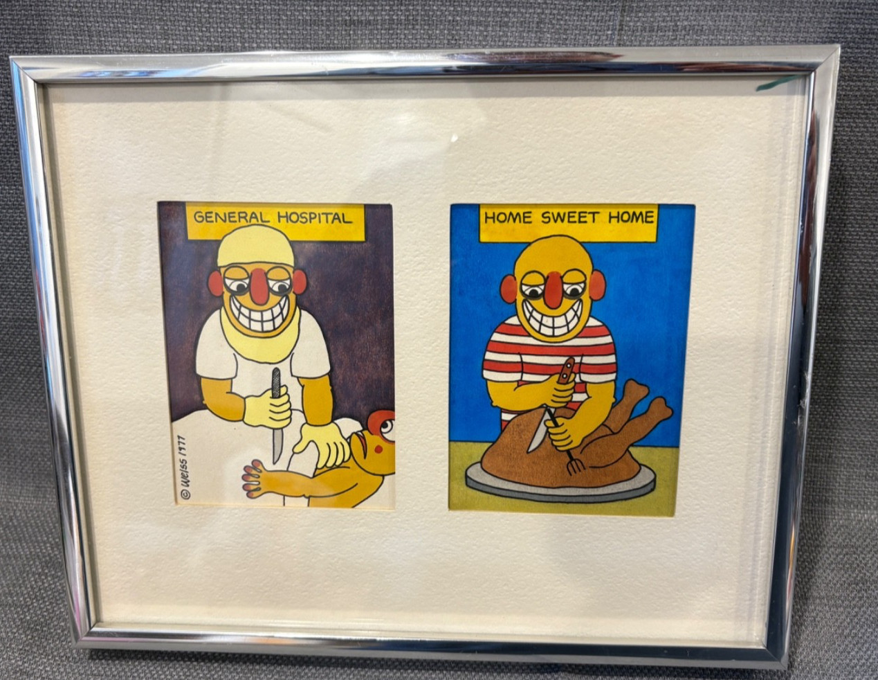 Framed 10"x8" Cartoon Signed Weiss 1977  Humor Carving Turkey Hospital Surgery