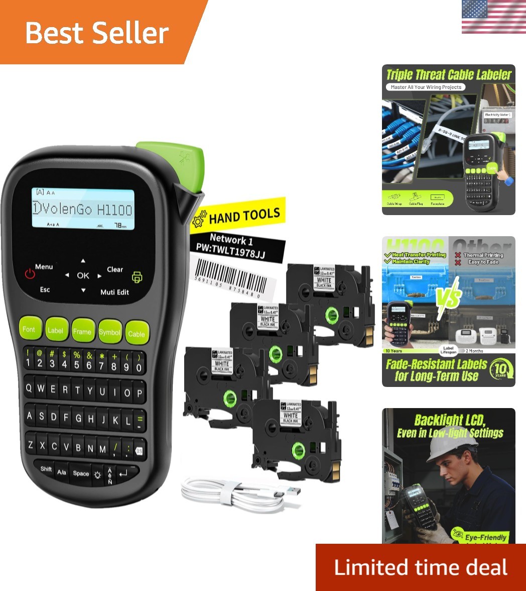 Versatile H1100 Label Maker - Lightweight with 4 Tapes & Multiple Label Sizes