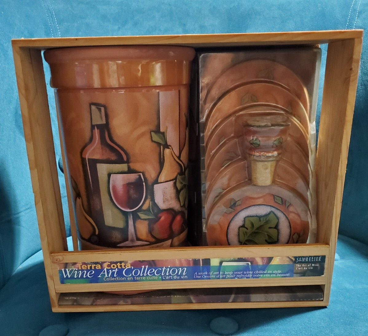 Terra Cotta Wine Art Collection Set : Wine Chiller, Bottle Topper & 6 Coasters