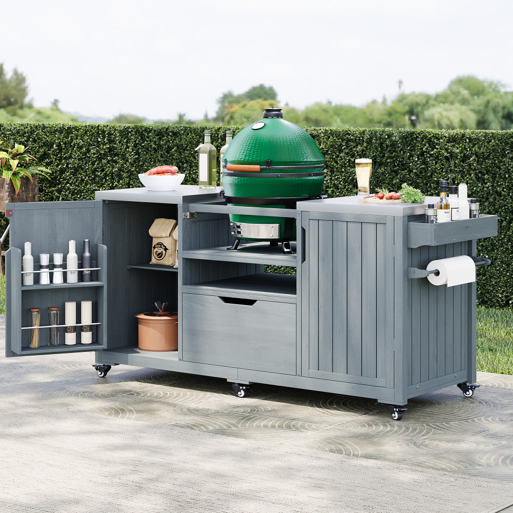 66.5" Outdoor Kitchen Island for Big Green Egg Grills, Solid Wood Outdoor Grill