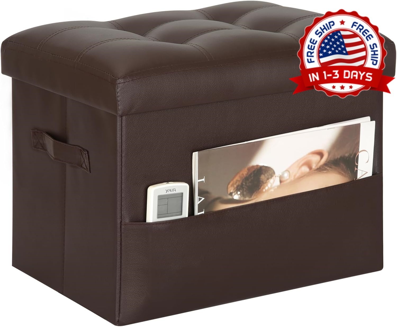 Taburete Otomano con Almacenamiento Cuero Cafe Plegable de Asiento Acolchado