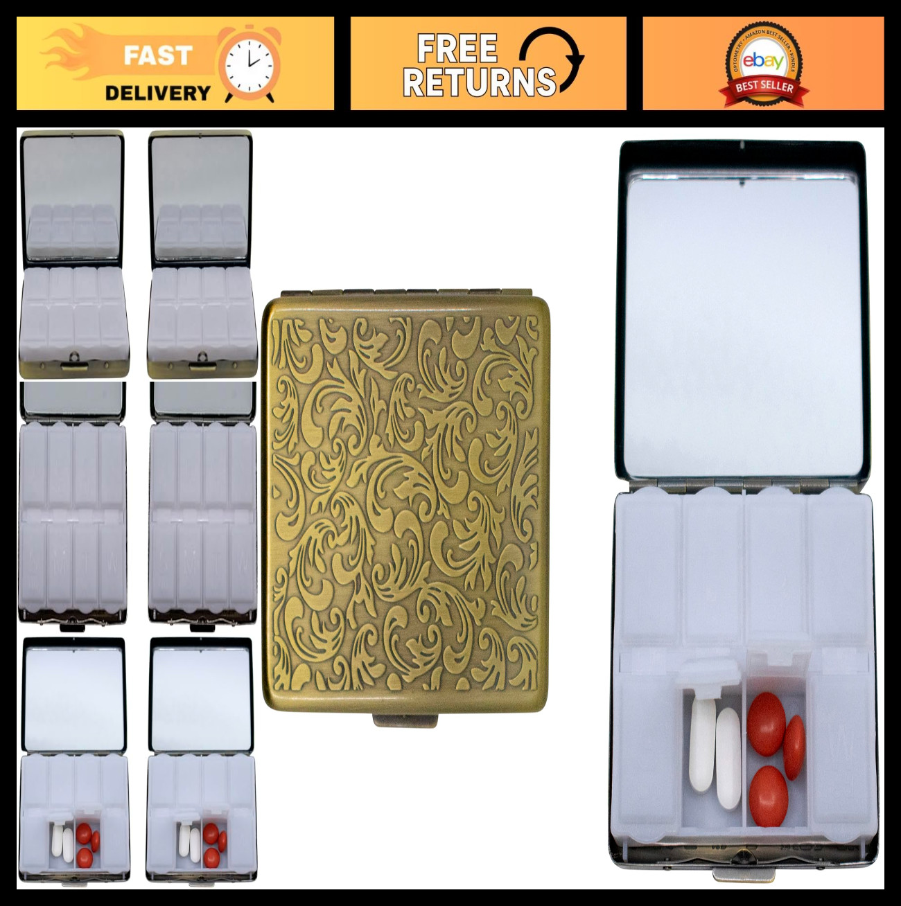 Set of 2 Antique Brass Pill Box Cases - 7-Day Weekly Medicine Organizer