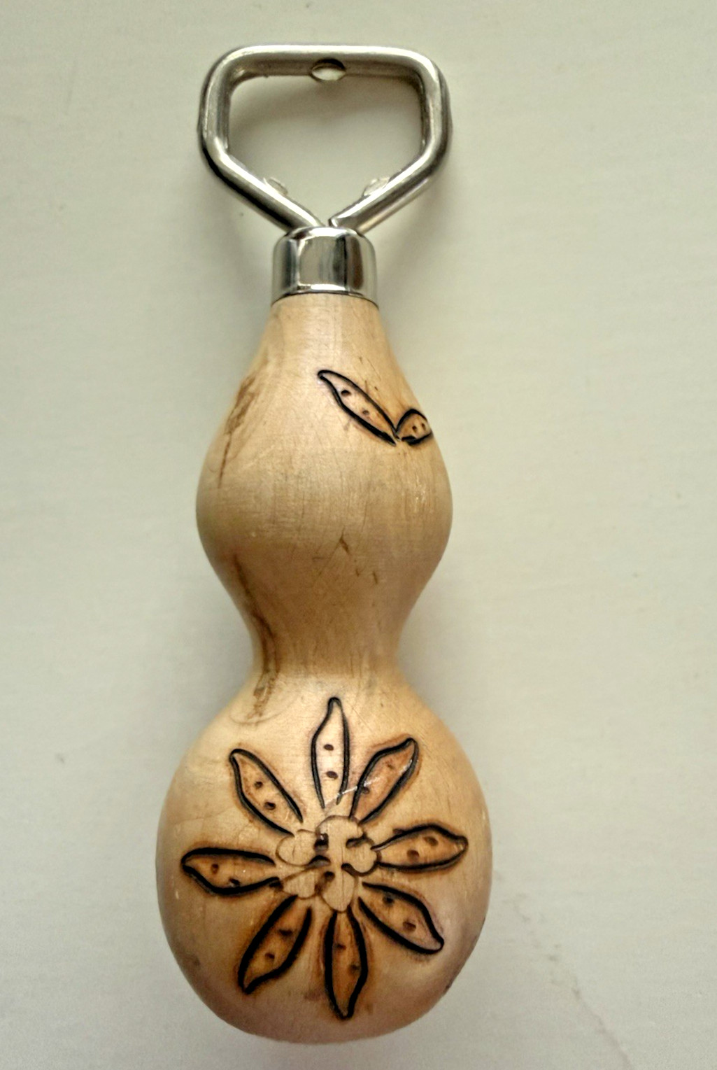 Wood Bottle Opener Handmade w/Floral Design Vintage