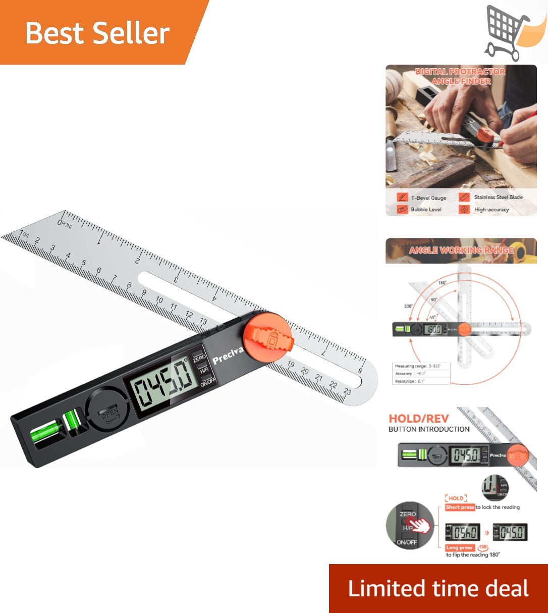 Digital T-Bevel Gauge Protractor 0-338° Angle Finder Bubble Level for Carpentry