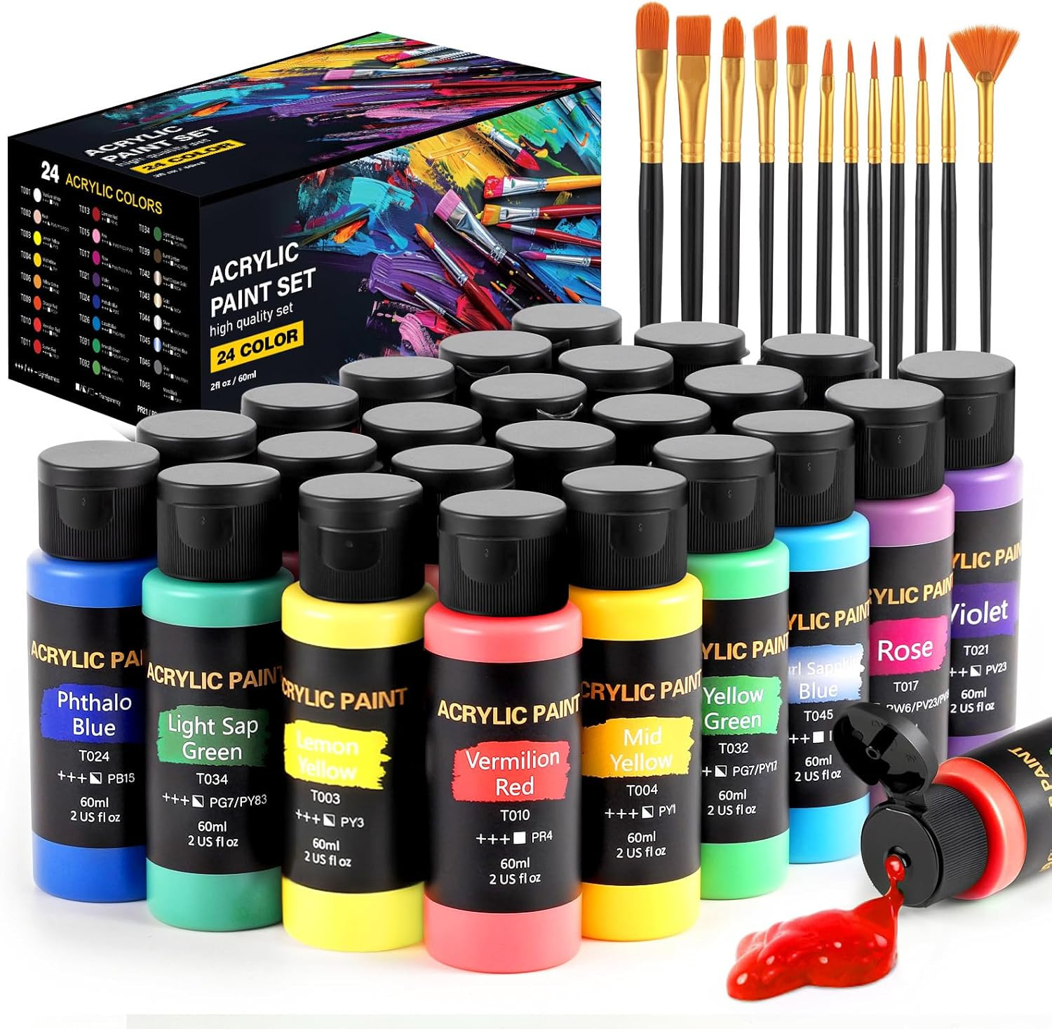 Acrylic Paint Set, 24 Colors (2 Oz/Bottle) with 12 Art Brushes, Art Supplies for