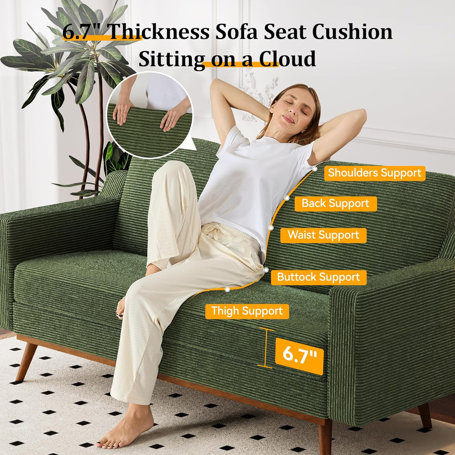 Vipbear 65.4" Loveseat Sofa Green Corduroy Couch, Mid-Century Modern Small Couch