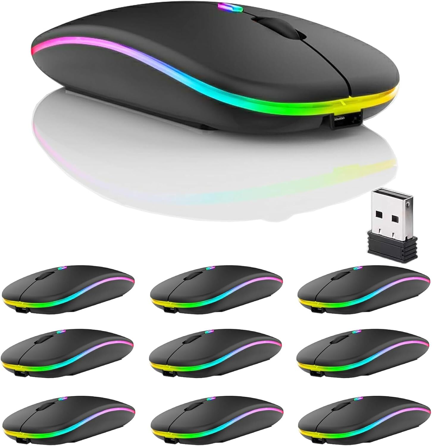 10 Pack LED Wireless Bluetooth Mouse - Dual Mode. Silent & Rechargeable!