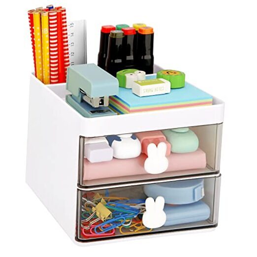 LETURE Small Desk Organizer With Drawer, Office Desktop Storage Box, White