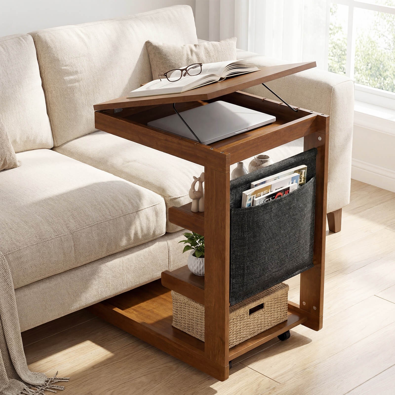 2PCS C-shaped End Table w/Wheels Adjustable Desktop Edge Stopper Storage Pocket