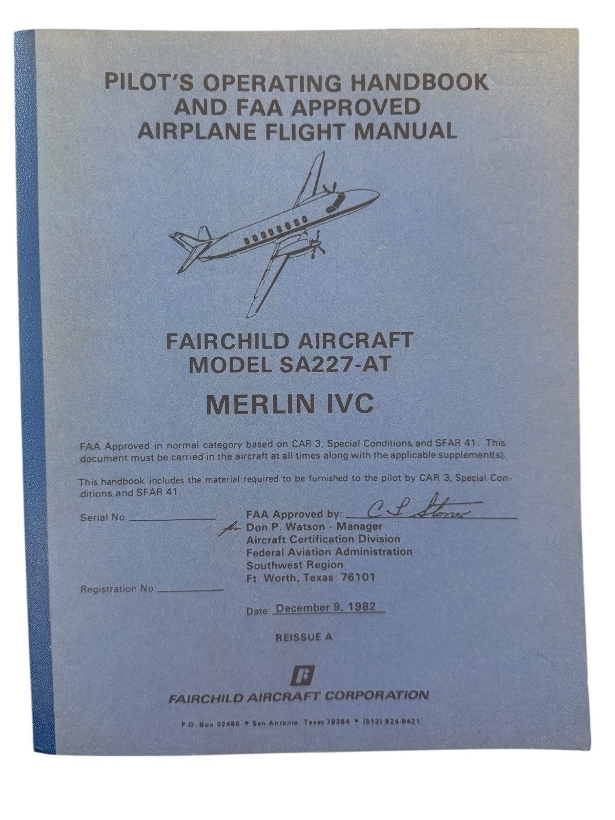 Fairchild Swearingen Merlin IVC SA227-AT Airplane Flight Manual Handbook FAA