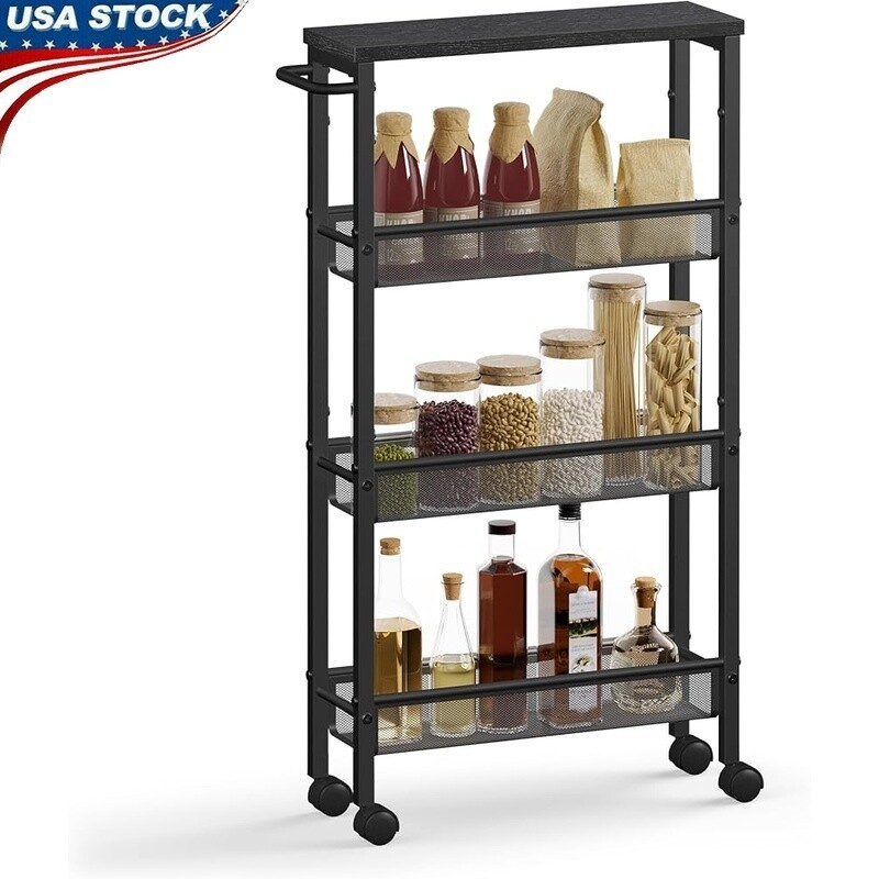 Slim Rolling Storage Cart 4 Tier Narrow Utility Kitchen Dining Room Metal Frame