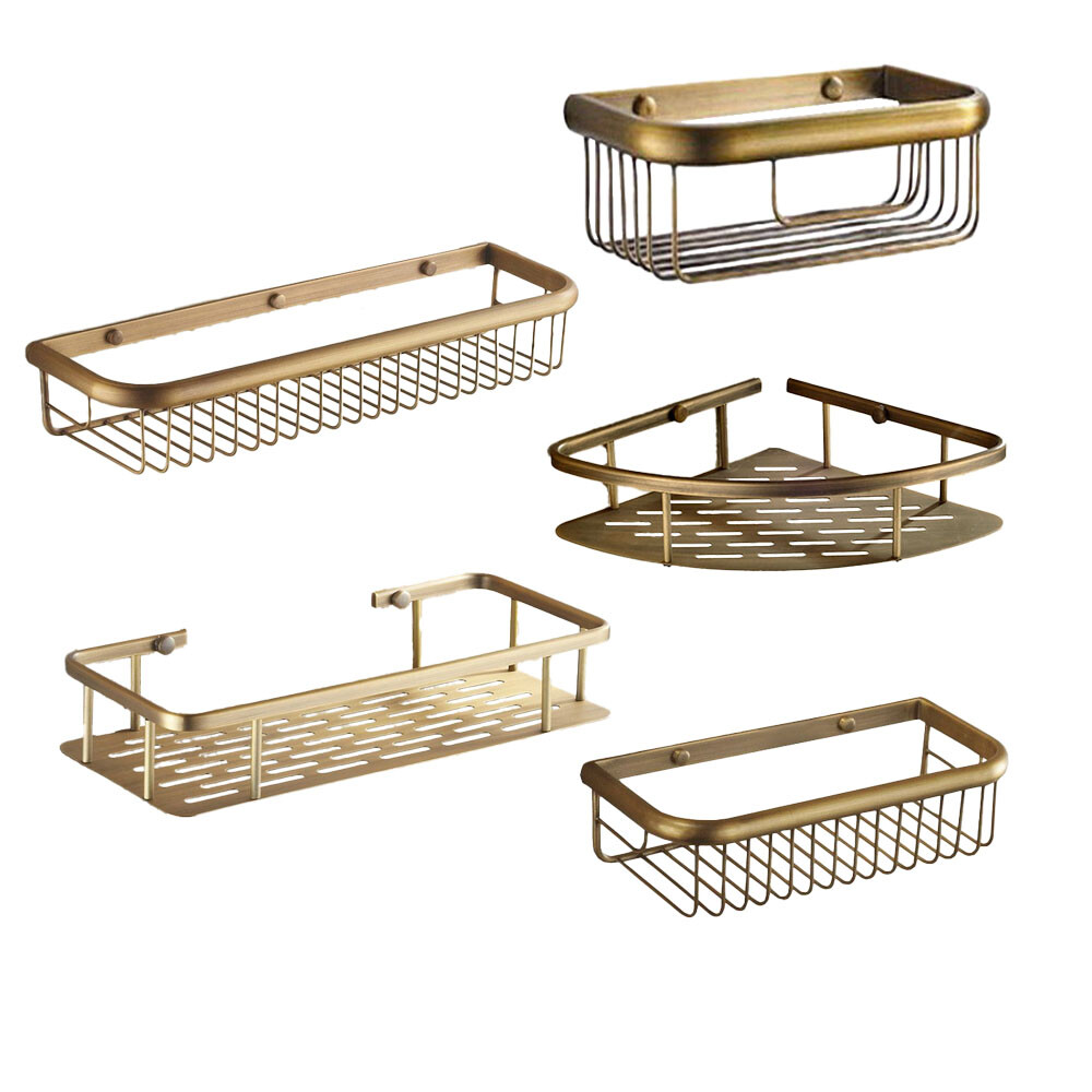Antique Brass Shower Wall Mounted Shampoo Storage Shelf Bathroom Basket Holder