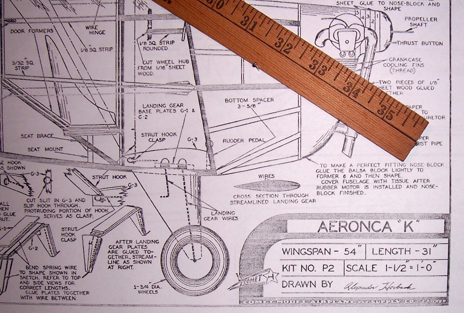AERONCA "K" PLAN + PARTS PATTERNS for a COMET 54" Scale FF or RC Model Airplane