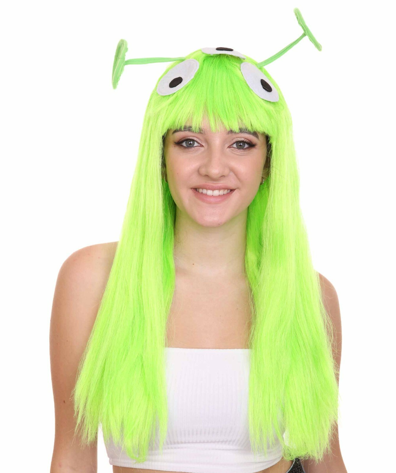 HPO Adult Wome's Wig with 2 Antennaes,TV/Movie Wigs, Lime Green, Synthetic Fiber