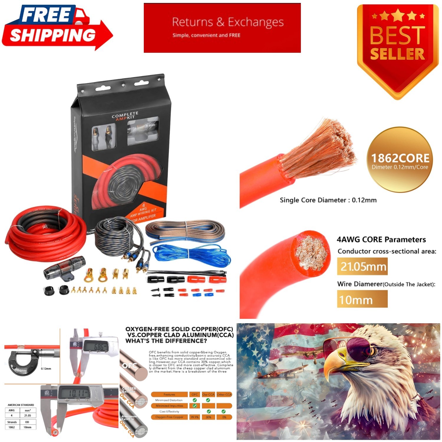 22-Piece 4 Gauge Wiring Kit with Power, Ground Cables, and Accessories for Cars