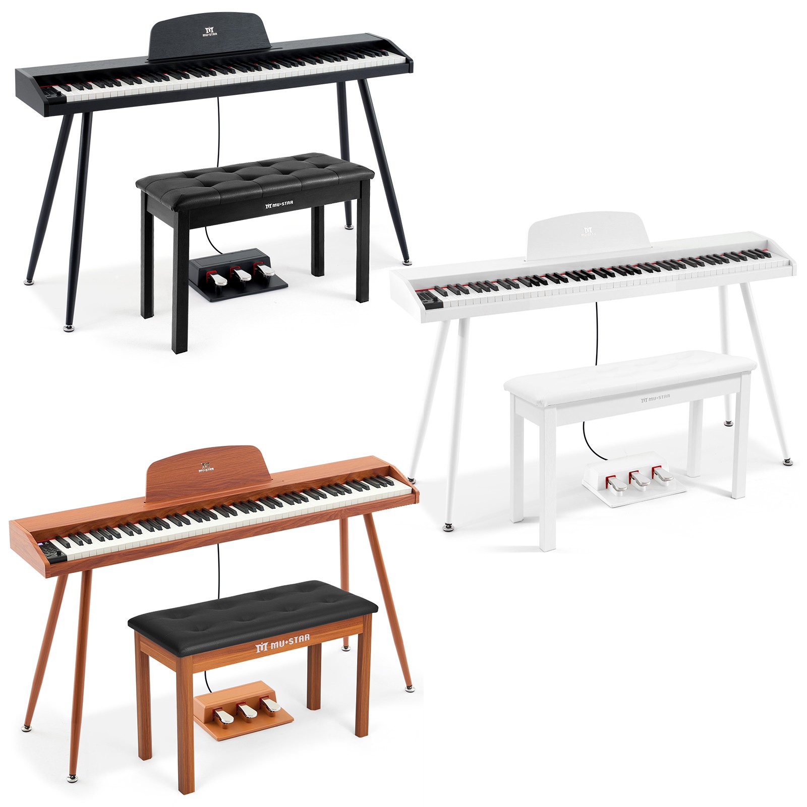 Brown/Black/White 88Key Semi-Weighted Digital Piano Keyboard w/3Pedal,MIDI,Bench