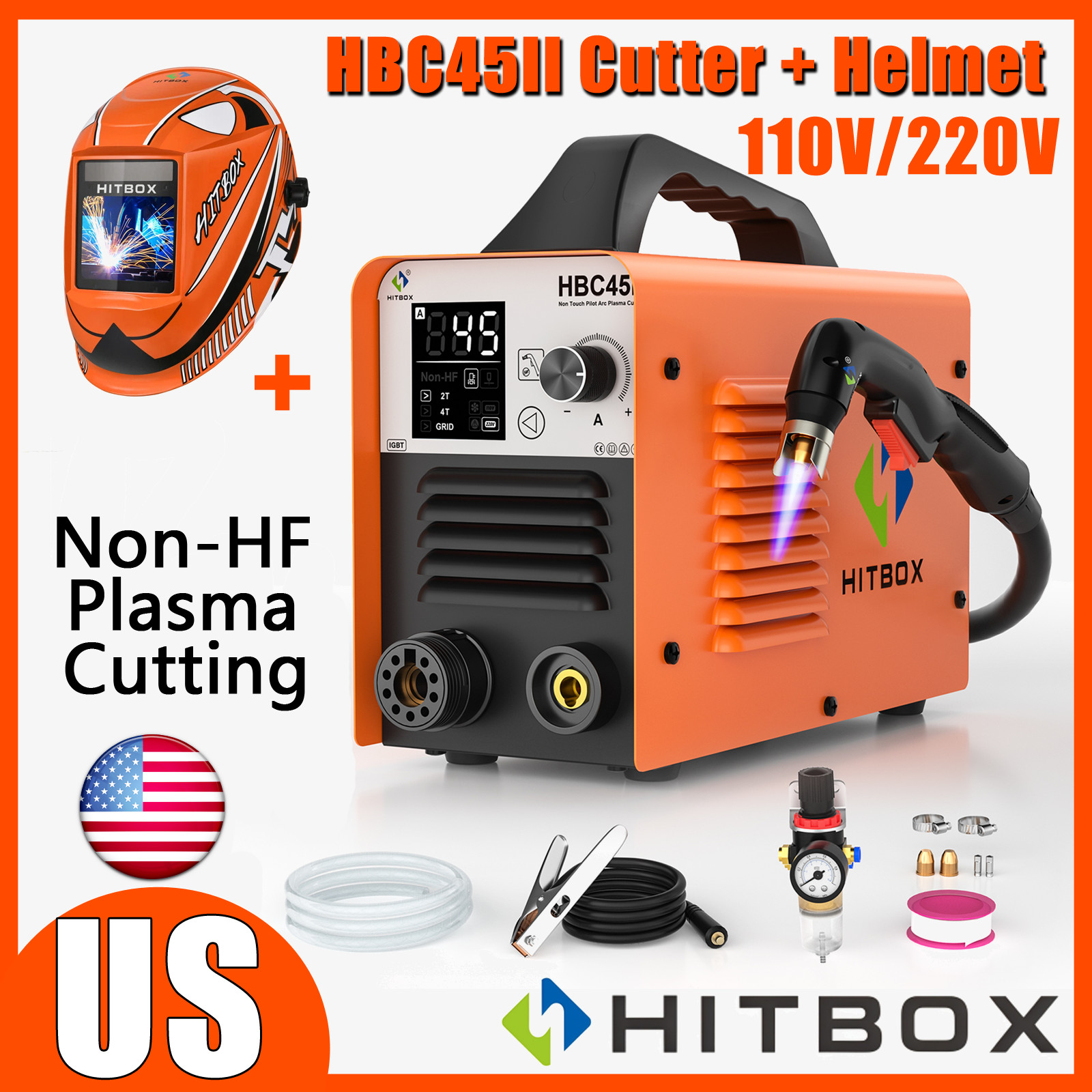 HITBOX 45A Non Touch Pilot Arc Air Plasma Cutter 110V/220V 14mm Cutting +Helmet