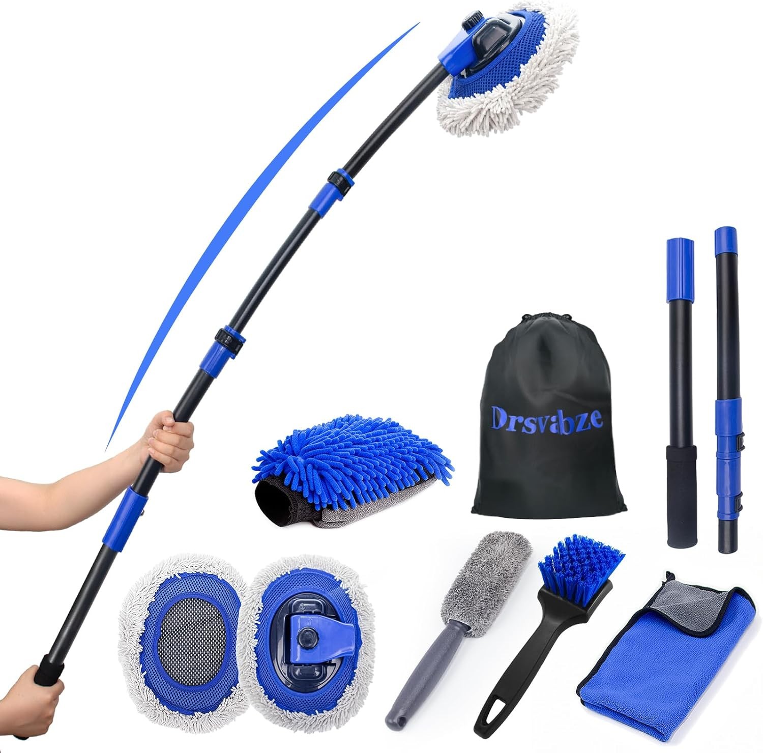 15°Curved Car Wash Brush with Long Handle Kit, 55-Inch 4-Section Extendable Pol