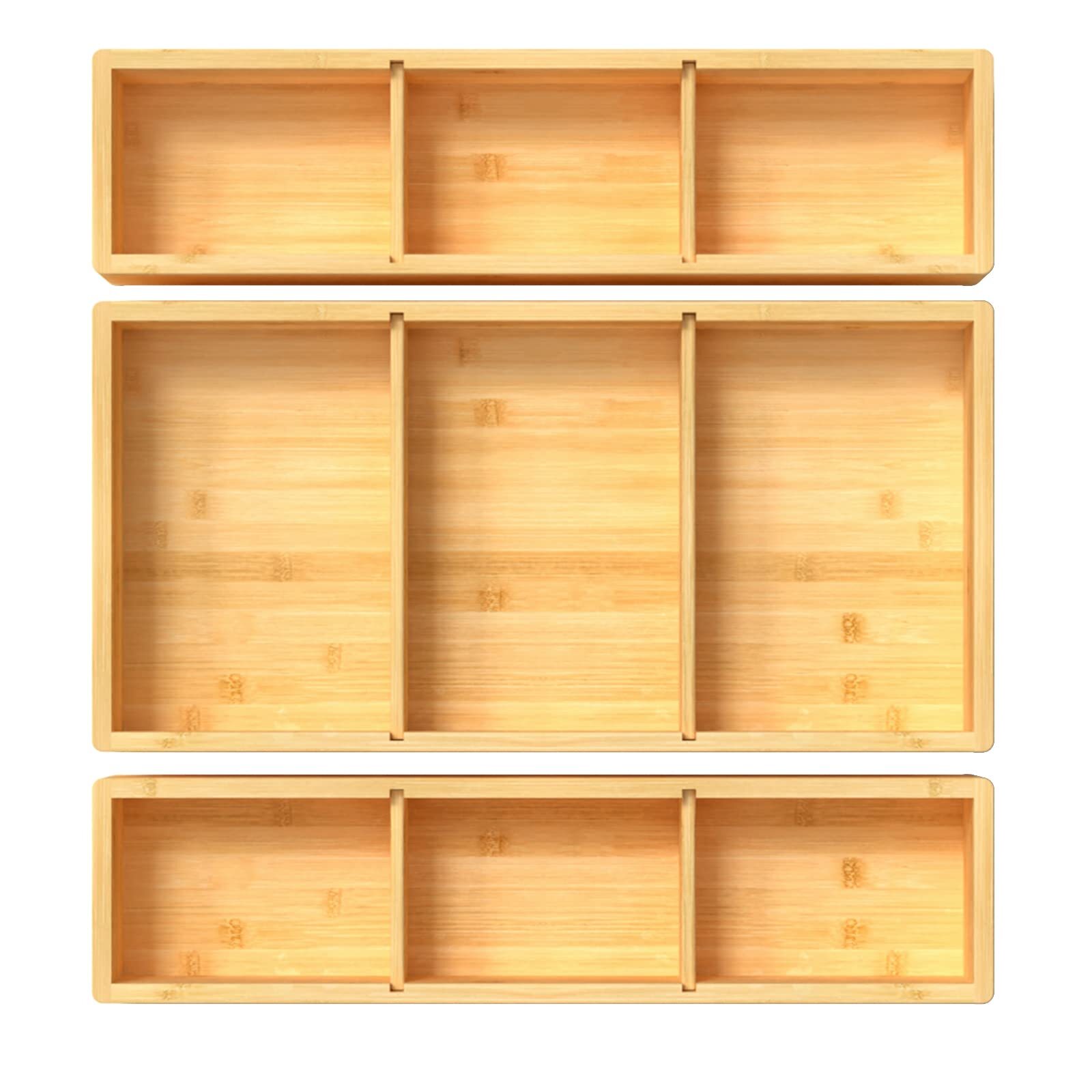 Bamboo Drawer Organizer 12.5'' X 12.5'' X 2'' Adjustable 3 Individual Junk Drawe