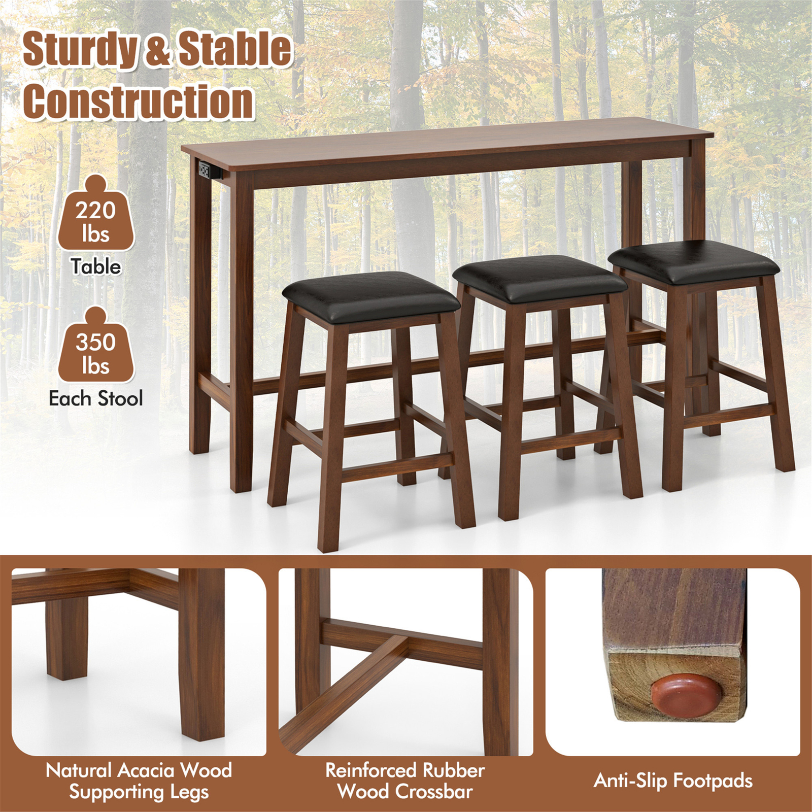 4-Piece Bar Table Set w/ Power Outlet Counter-Height Table & 3 Bar Stools
