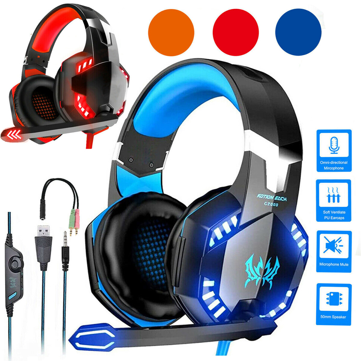 Gaming Headset Mic LED Headphones Stereo Bass Surround For PC Xbox One PS4 3.5mm